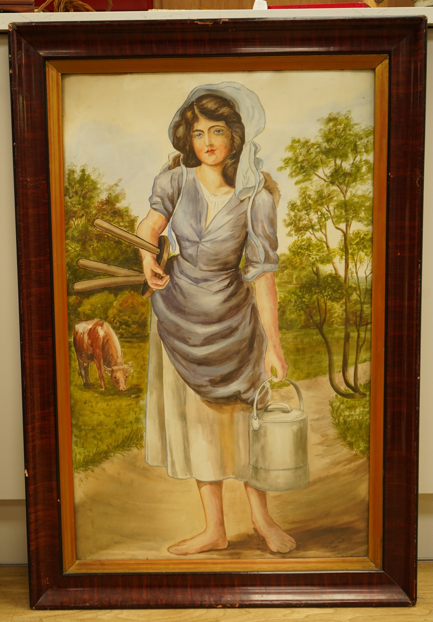 M. Compson, Studies of dairymaids before cattle, each signed and dated Jan 1919 and Oct 1919, pair of watercolours, 74 x 45cm